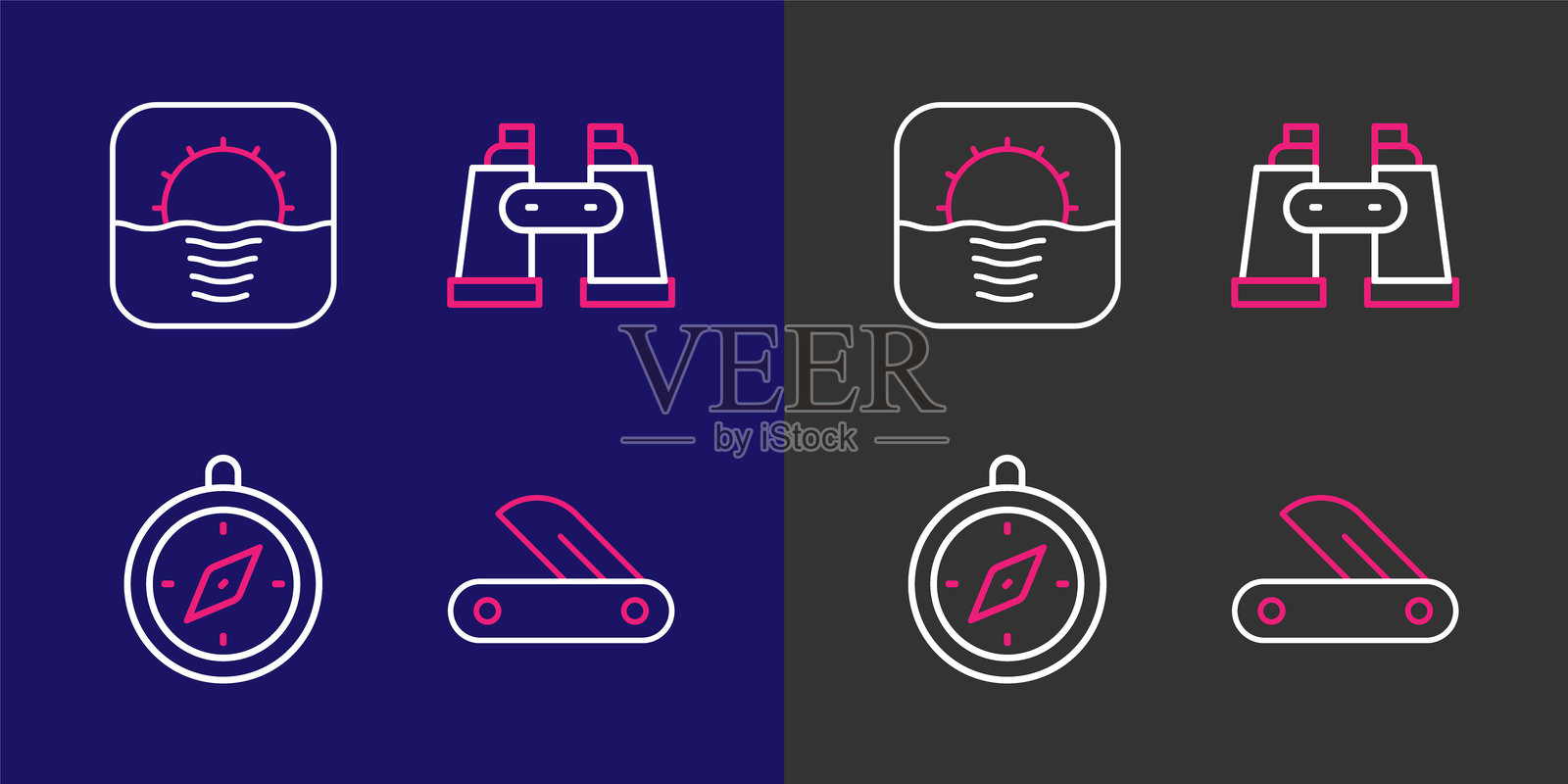 瑞士军刀、指南针、望远镜和日出图标的线条图。矢量图。插画图片素材