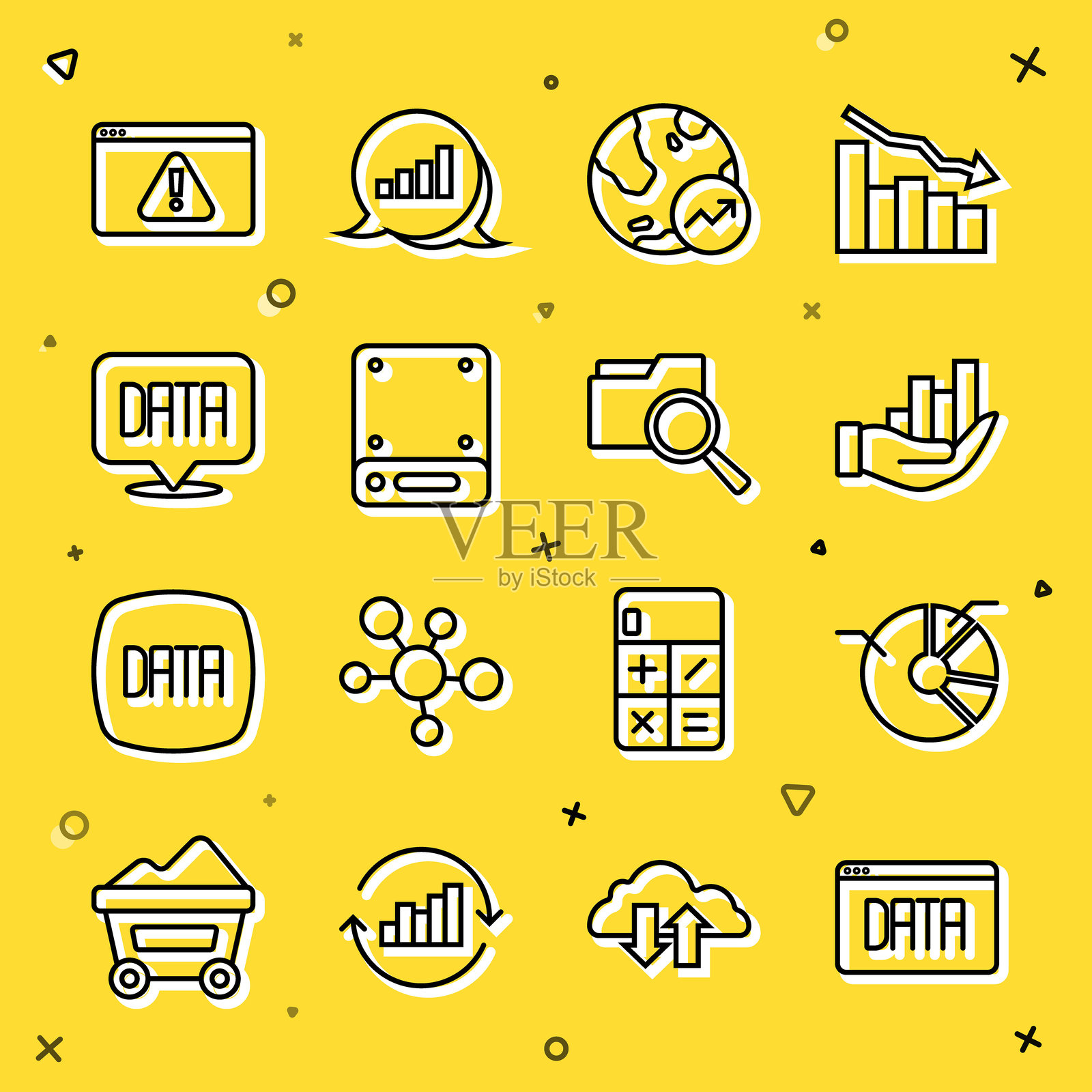 数据分析线条，饼图信息图，财务增长，服务器，带感叹号的浏览器和搜索文件夹图标。矢量图。插画图片素材