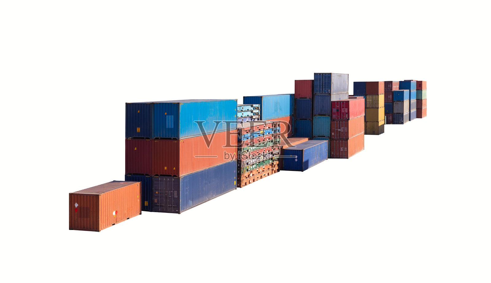 堆叠的货运集装箱，背景为白色照片摄影图片