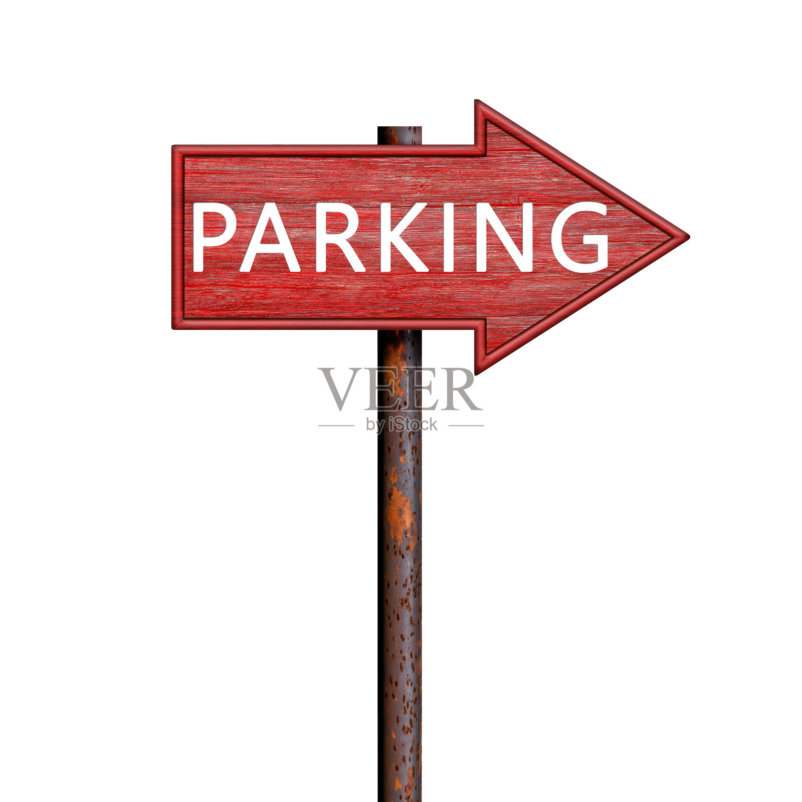 红色木制箭头标志，带有停车字样，固定在生锈的杆子上。指向右侧的方向指示牌。标志牌独立于白色背景。照片摄影图片