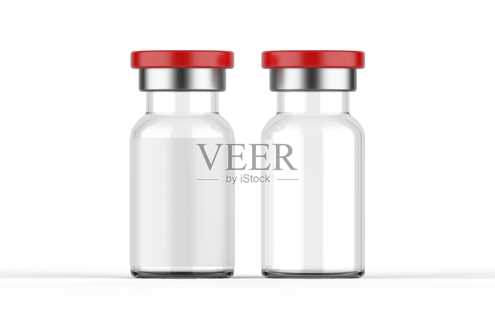 透明注射用玻璃瓶模型。疫苗瓶模型在白色背景上孤立展示。3D插图。照片摄影图片