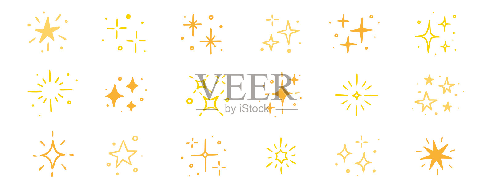 闪耀星星矢量元素图标。金色星星闪烁的亮片手绘光辉图标集。手绘素描涂鸦风格。魔幻光辉金色装饰背景矢量图。插画图片素材