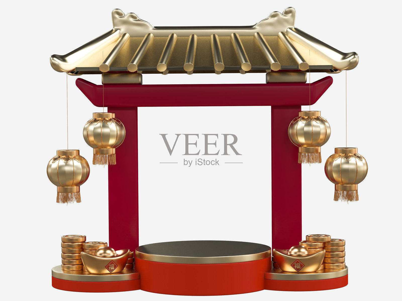 中国新年，3D逼真的中国门，金色彩带，装饰品，金色灯笼和中国装饰，适用于展示、横幅、广告。中秋节奢华概念。蛇年。照片摄影图片