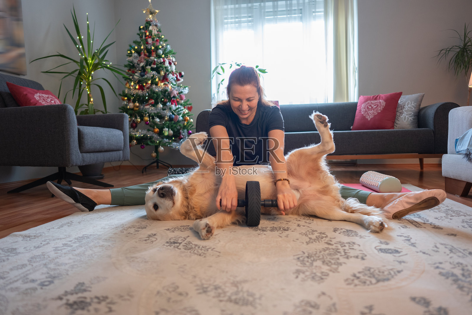 圣诞早晨，女人在客厅里尝试锻炼，她可爱又顽皮的狗狗陪伴在旁。照片摄影图片