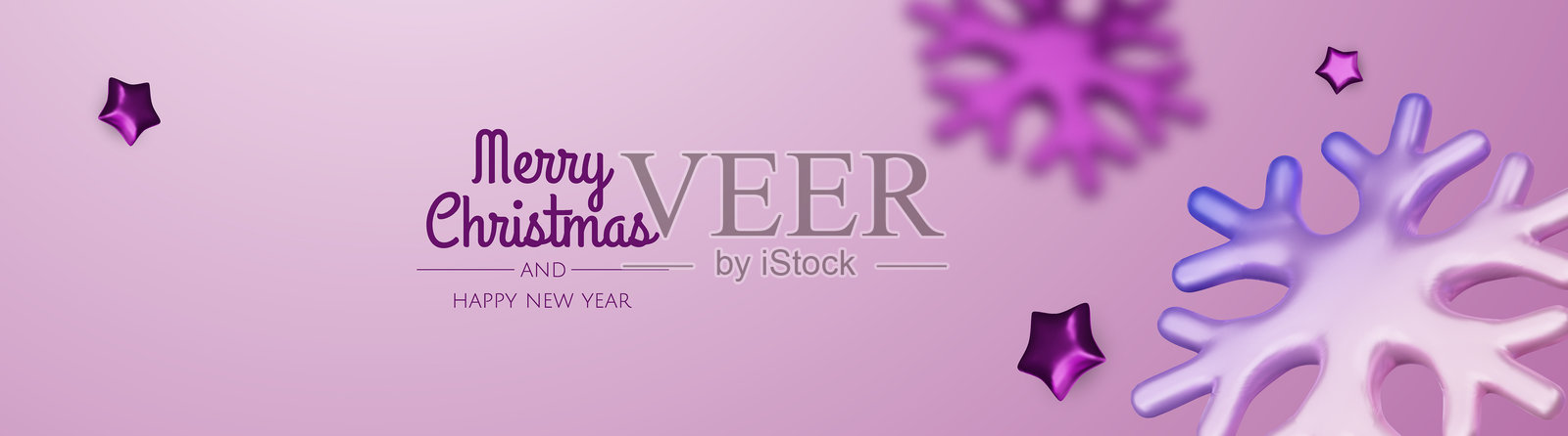 新年快乐，圣诞快乐。圣诞节假日背景，包含逼真的3D物体，紫色和白色的球形饰品，锥形金属星星，礼物。悬浮下落的设计构图。插画图片素材