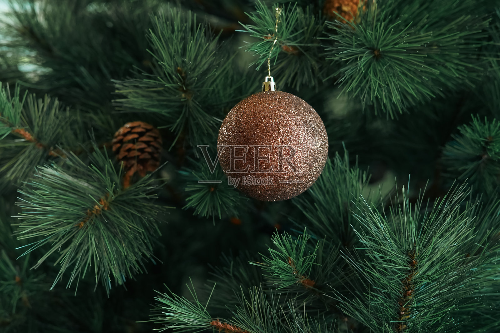 挂在圣诞树上的金色球饰照片摄影图片