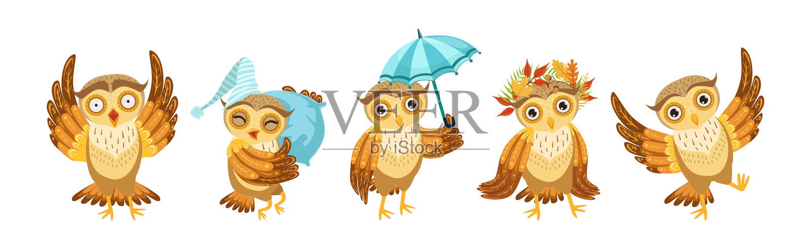 有趣的猫头鹰角色，羽毛和翅膀在不同活动中的矢量图集插画图片素材