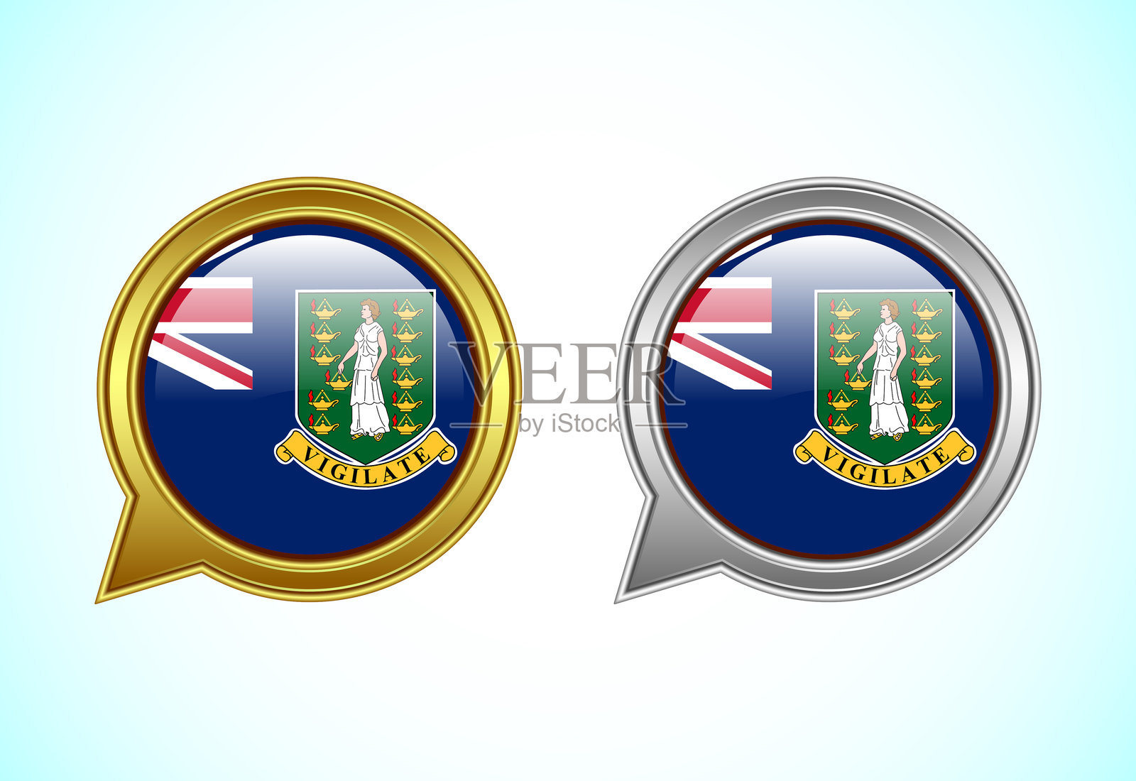 英属维尔京群岛国旗的对话气泡。金色和银色的讲话旗帜图标。插画图片素材