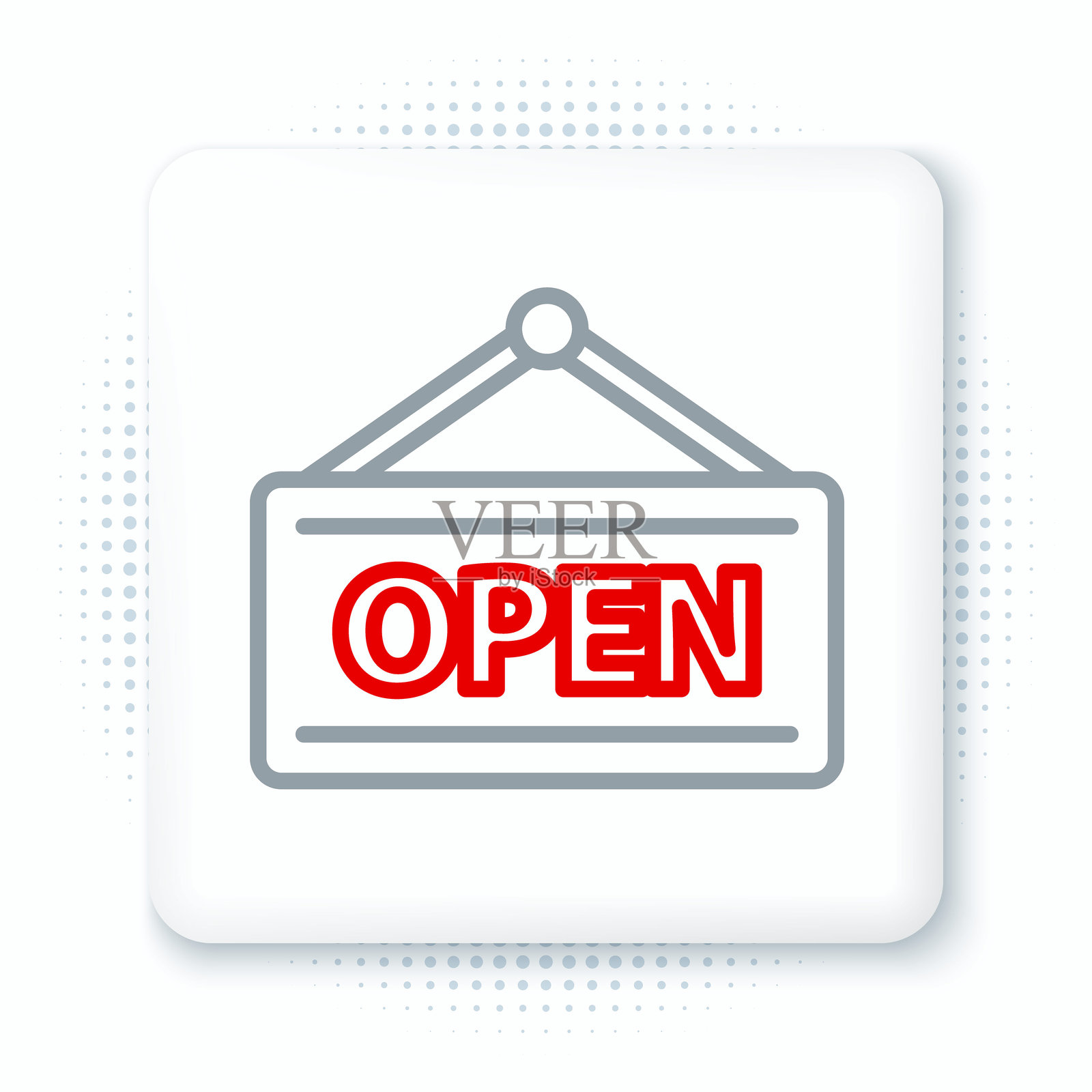 悬挂标志，上面有“开放”字样和门的图标，背景为白色。彩色轮廓概念。矢量图。插画图片素材