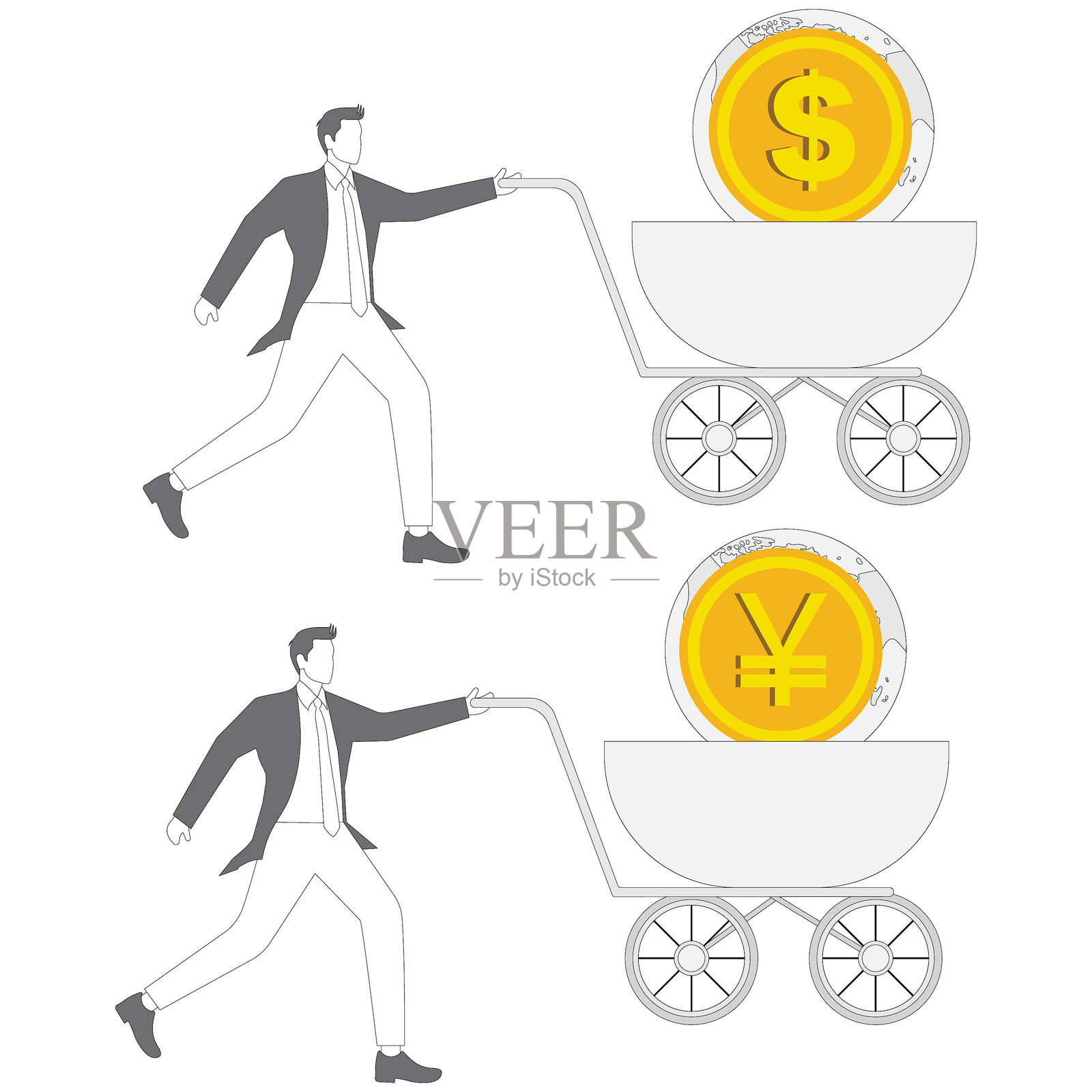商人奔跑并推着带有美元符号和日元符号的购物车，美元与人民币竞争，金钱与政治，全球货币经济竞争力插画图片素材