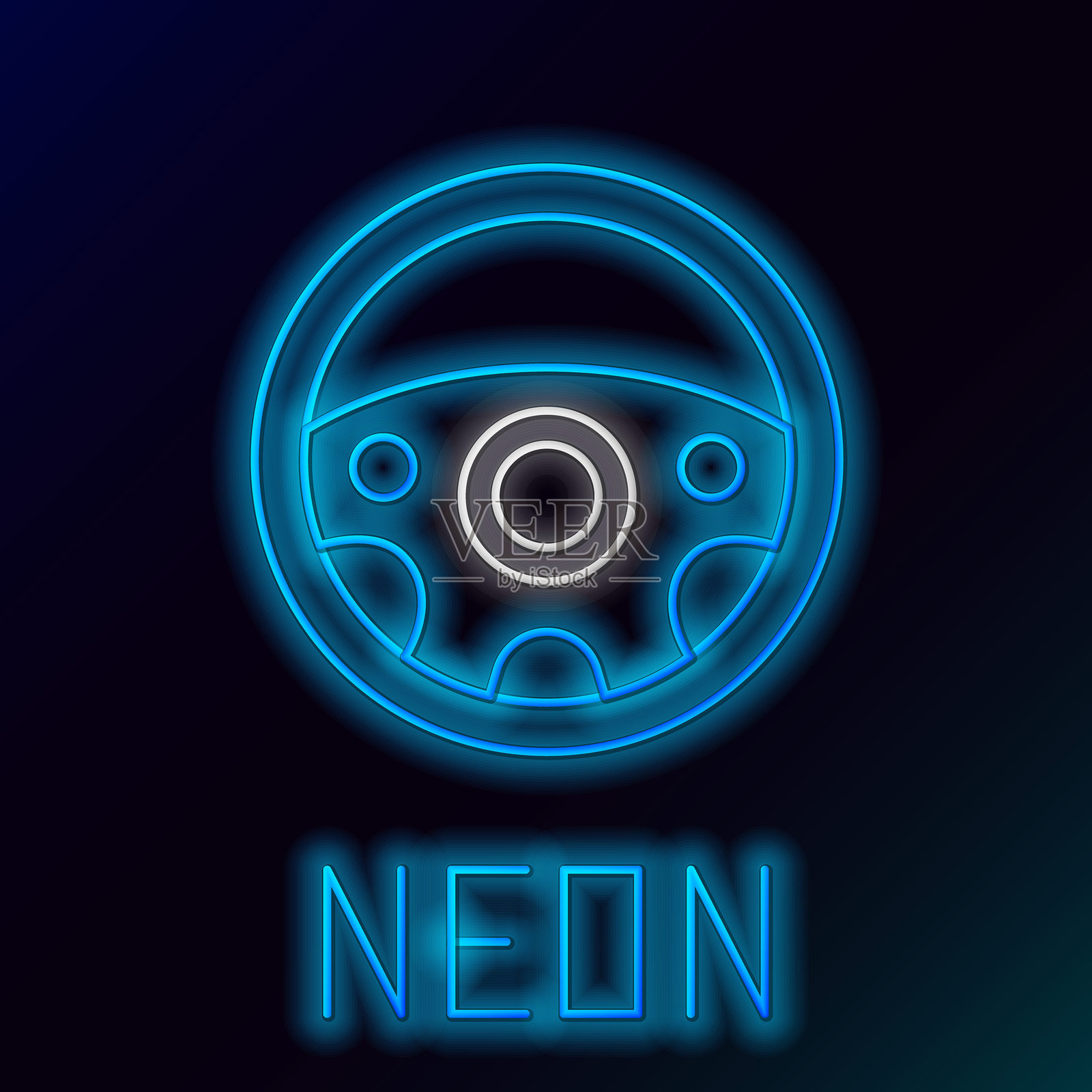 发光的霓虹线方向盘图标，背景为黑色。汽车轮胎图标。彩色轮廓概念。矢量图。插画图片素材