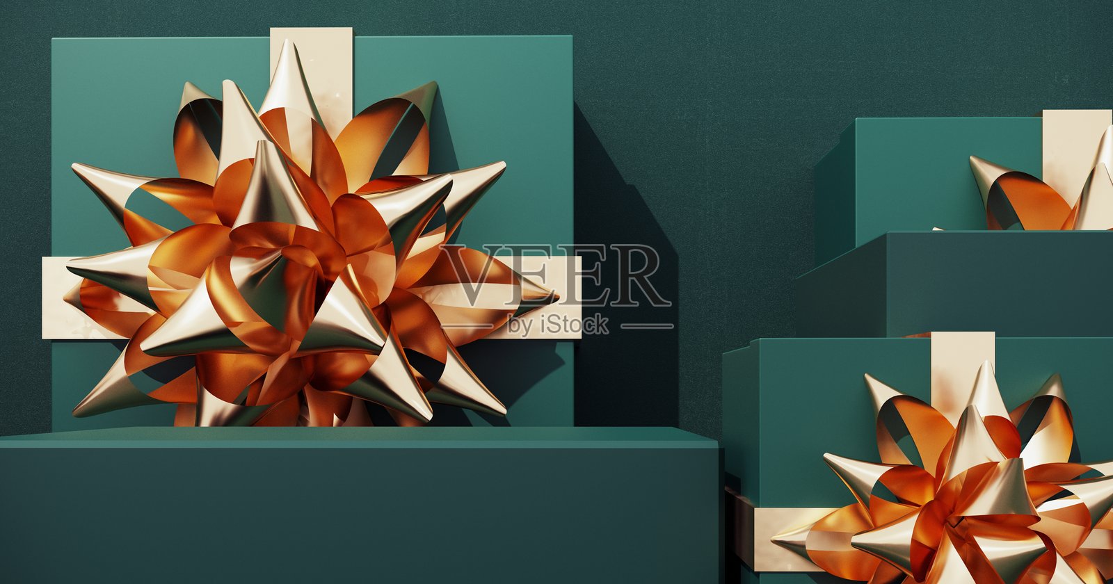 3D渲染的圣诞背景。展示台、讲台、产品展示平台，配有金色丝带。照片摄影图片