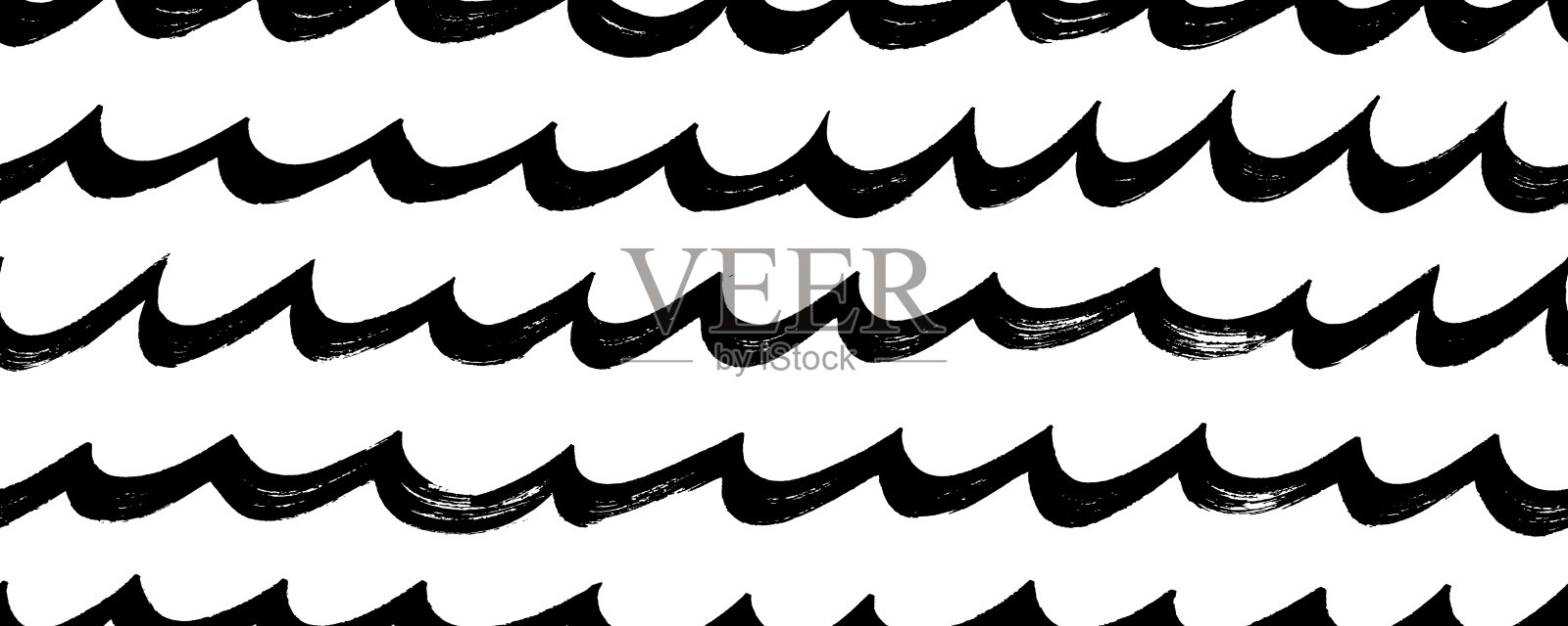 粗犷的刷子绘制波浪无缝背景。带有卷曲粗线条、海啸、海洋潮汐和风暴主题的无缝图案。手绘的波浪背景，简单的海洋主题。插画图片素材