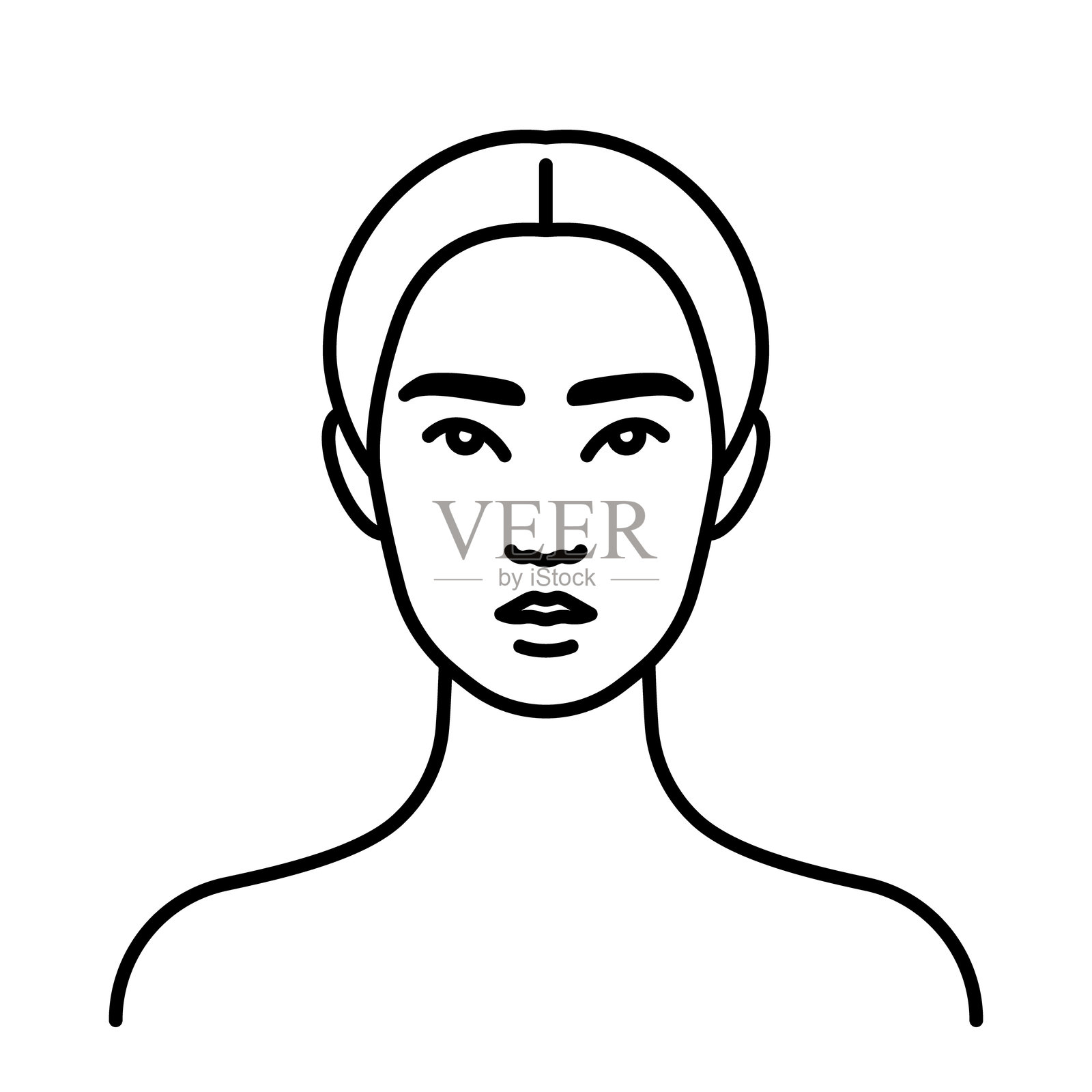 亚洲女性，线条图标。年轻女性的肖像。女性面部、头部、颈部、肩部，正面视图。插画图片素材