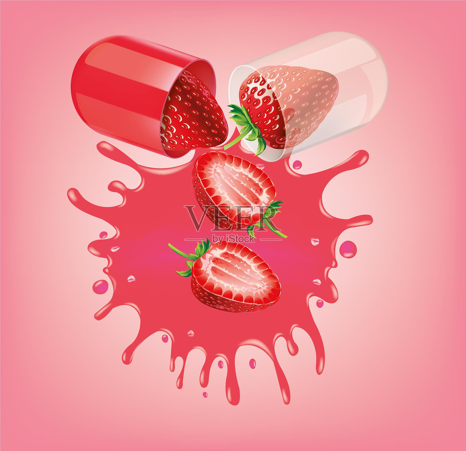 胶囊打开，露出草莓汁。插画图片素材