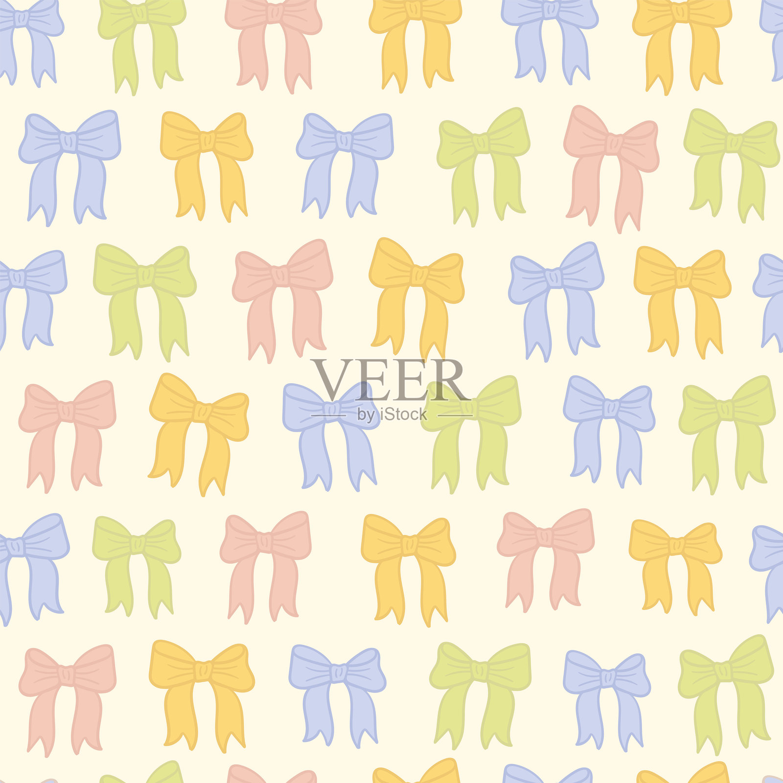 抽象的矢量无缝图案，带有可爱的蝴蝶结。手绘的不规则重复插图，包含小丝带蝴蝶结。适用于表面设计、时尚印刷、面料、包装和儿童服装。插画图片素材
