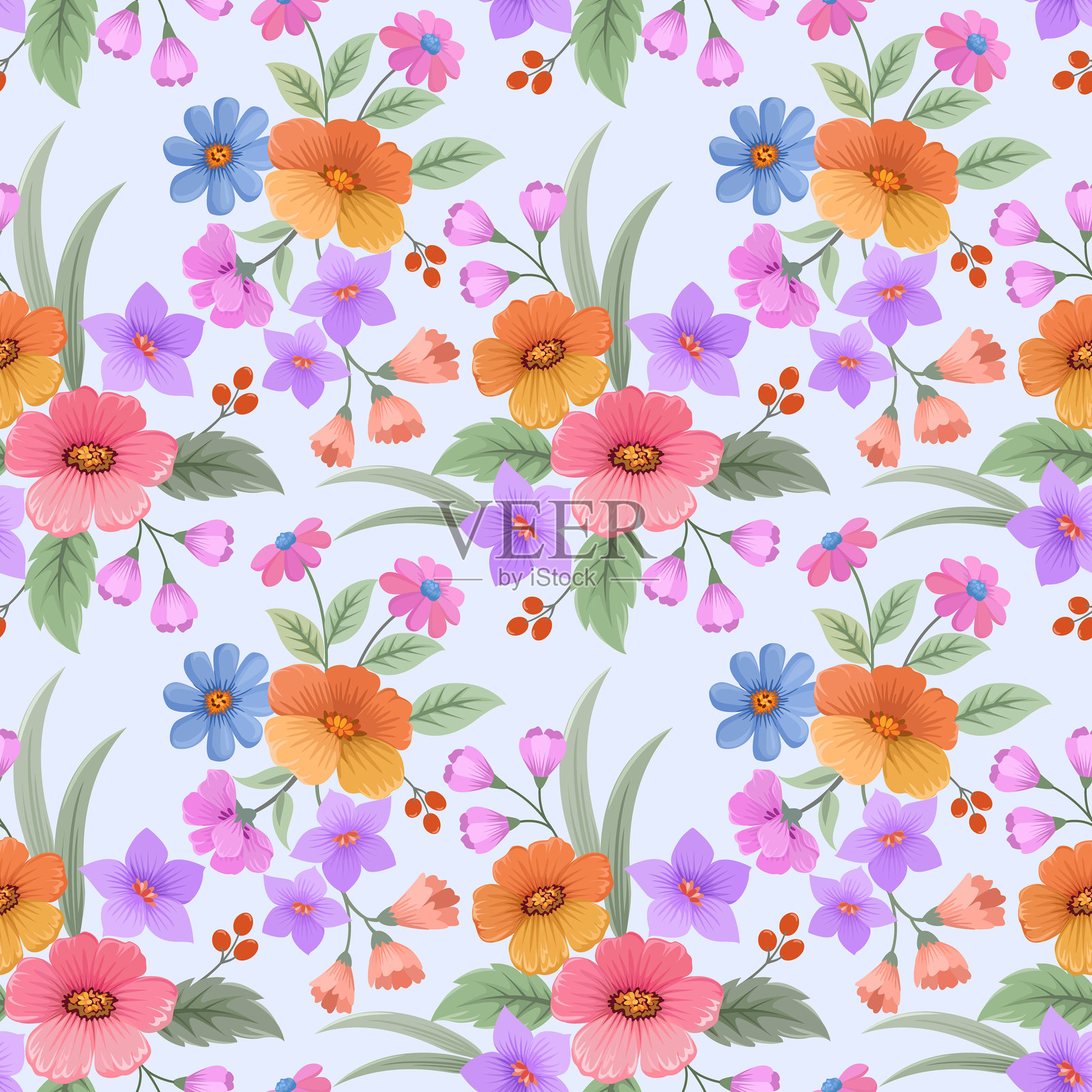 色彩斑斓的手绘花卉无缝图案。插画图片素材