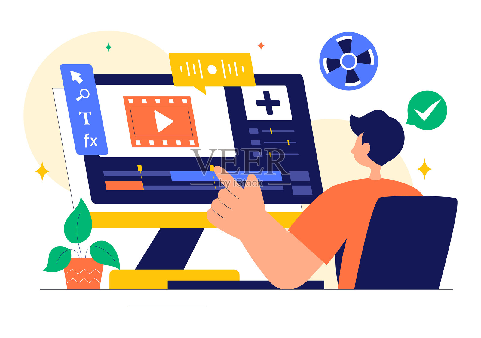 视频编辑程序的矢量插图，展示用于创建动画电影或剪辑的视频编辑软件，背景为扁平风格。插画图片素材