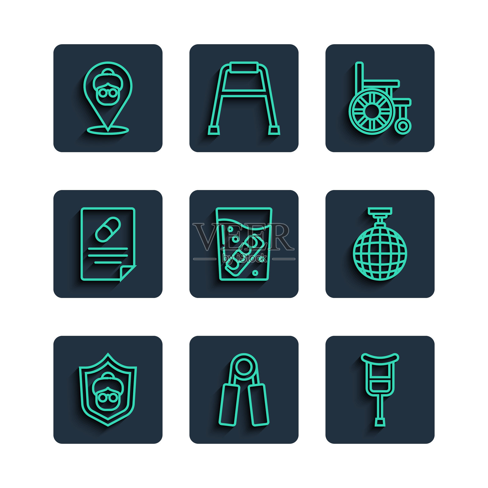 祖母、运动扩展器、拐杖、轮椅、玻璃假牙、医疗处方、养老院和迪斯科球图标。矢量图。插画图片素材