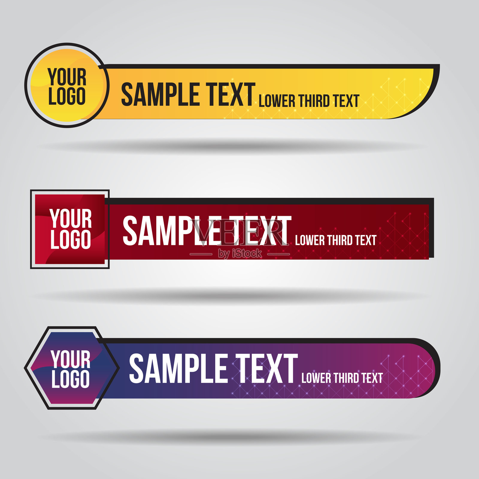 现代红蓝橙色下三分之一设计模板。广播条名称的横幅集合。透明背景下的视频编辑用下三分之一集合。插画图片素材