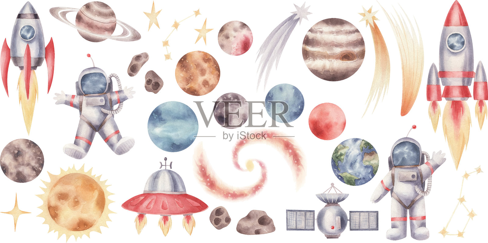 水彩矢量太空图标集。太阳系物体、火箭和宇航员。太空主题插图集。插画图片素材
