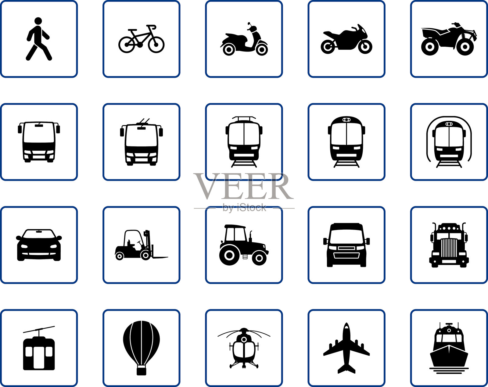 交通工具、航空、铁路、自行车、摩托车运输剪影图标集。公共交通停靠站标志图标。公交车、汽车、地铁、飞机、船、电车、火车、卡车正面图标。孤立矢量图。插画图片素材
