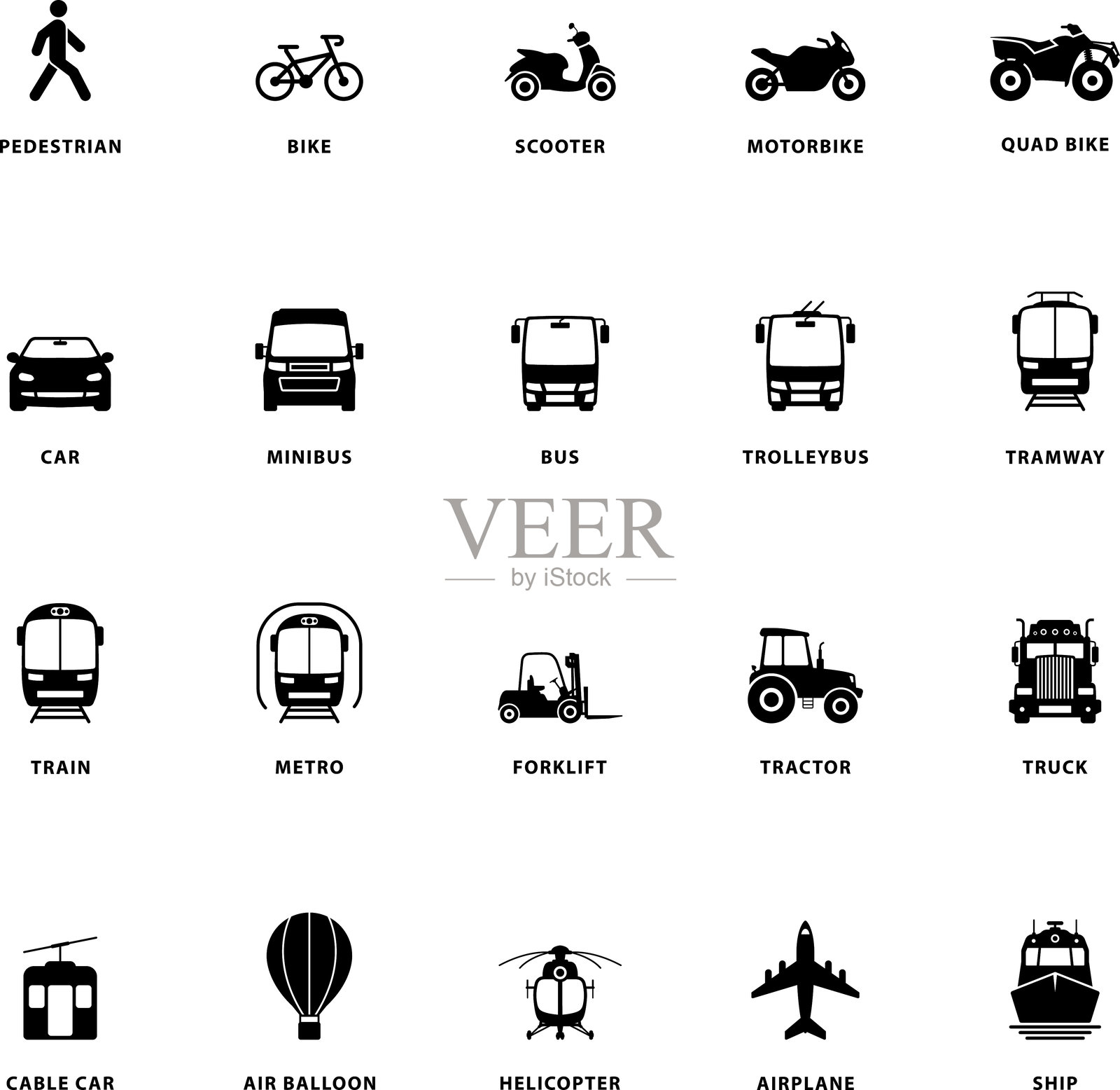 交通工具、航空、铁路、自行车、摩托车运输剪影图标集。公共交通停靠站标志图标。公交车、汽车、地铁、飞机、船、电车、火车、卡车正面视图图标。孤立矢量图。插画图片素材