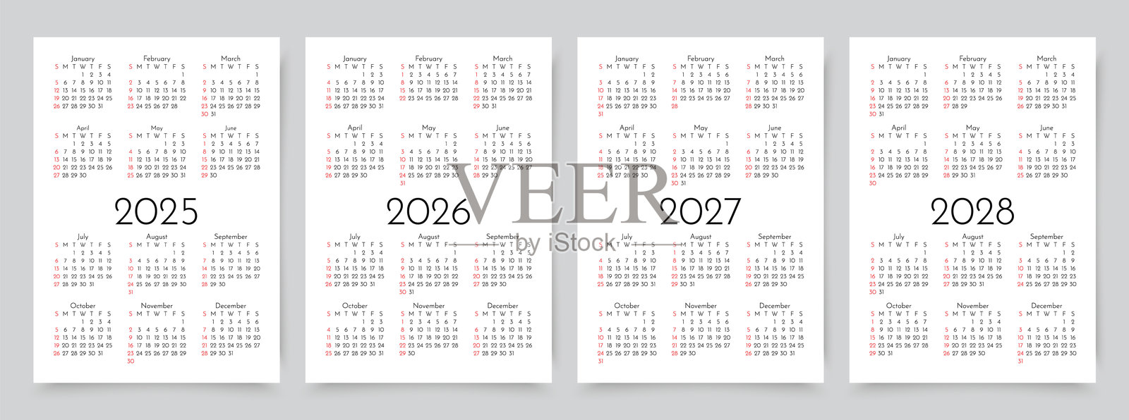 2025、2026、2027、2028年的日历。矢量插图。带有12个月的口袋日历模板。插画图片素材