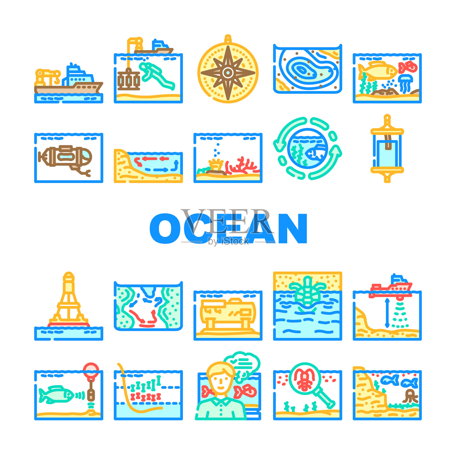 世界海洋生物多样性图标集矢量图插画图片素材