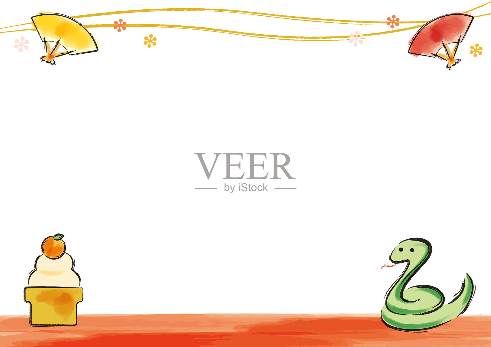 水彩画 蛇年（蛇）新年 日本框架_侧面02插画图片素材