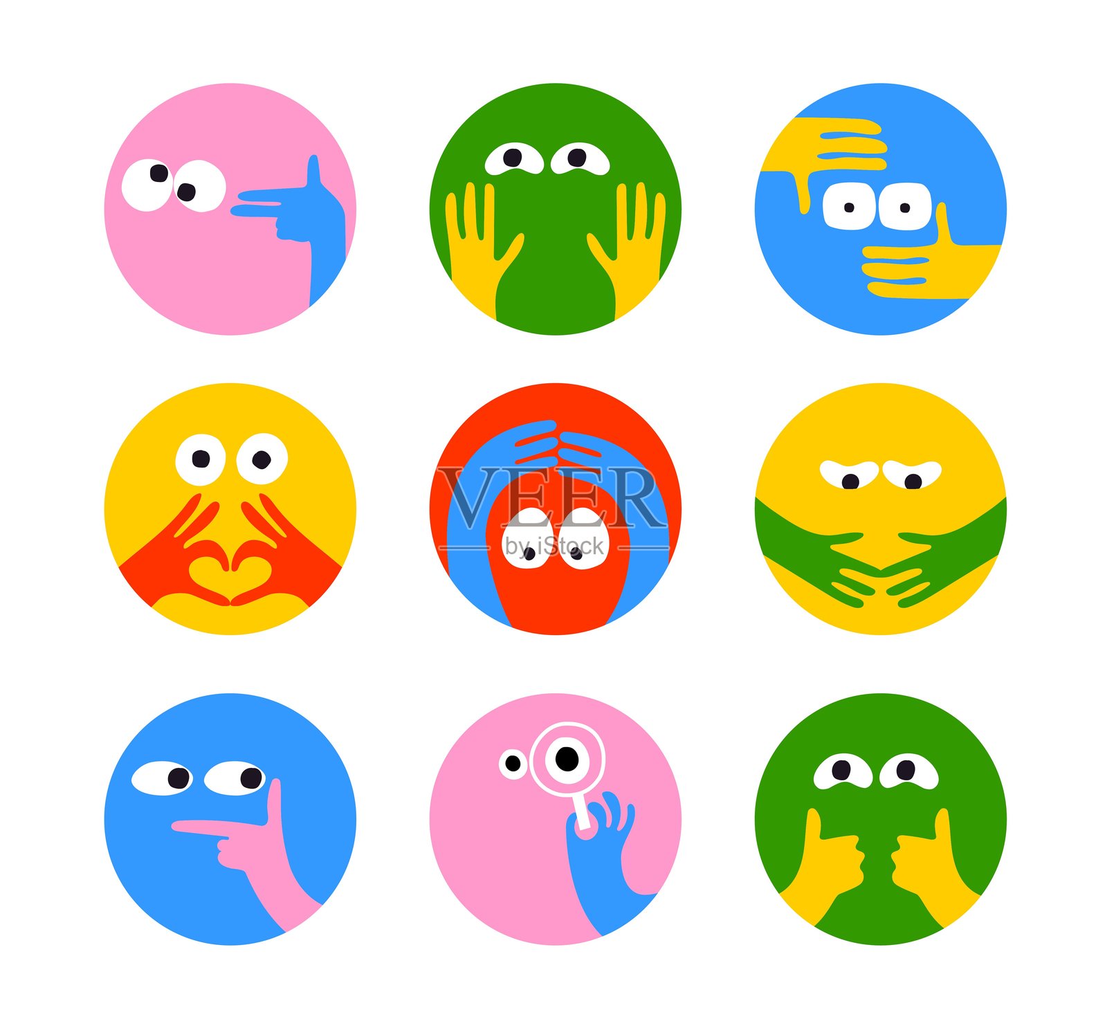 漫画表情符号圆形图标，带有手和眼睛。各种手势、标志和符号。矢量卡通抽象时尚平面孤立面部情感集合插画图片素材