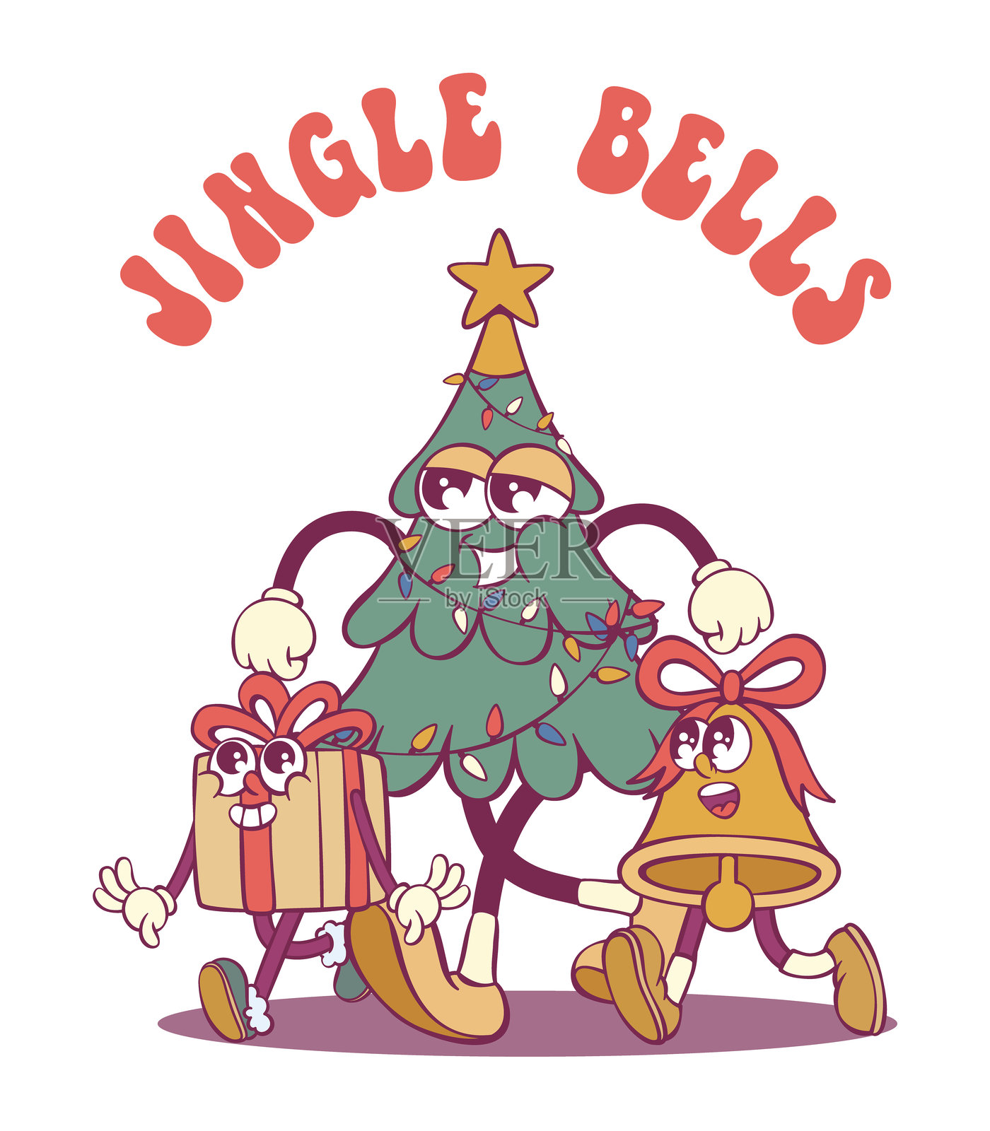 欢快的圣诞树，复古风格的海报设计插画图片素材