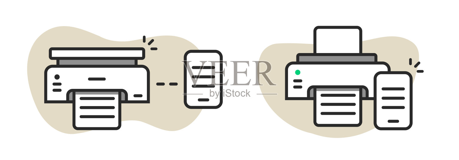 手机无线打印技术图标矢量图形插图集，线条轮廓，空气打印机从智能手机打印的图标，简约图像插画图片素材