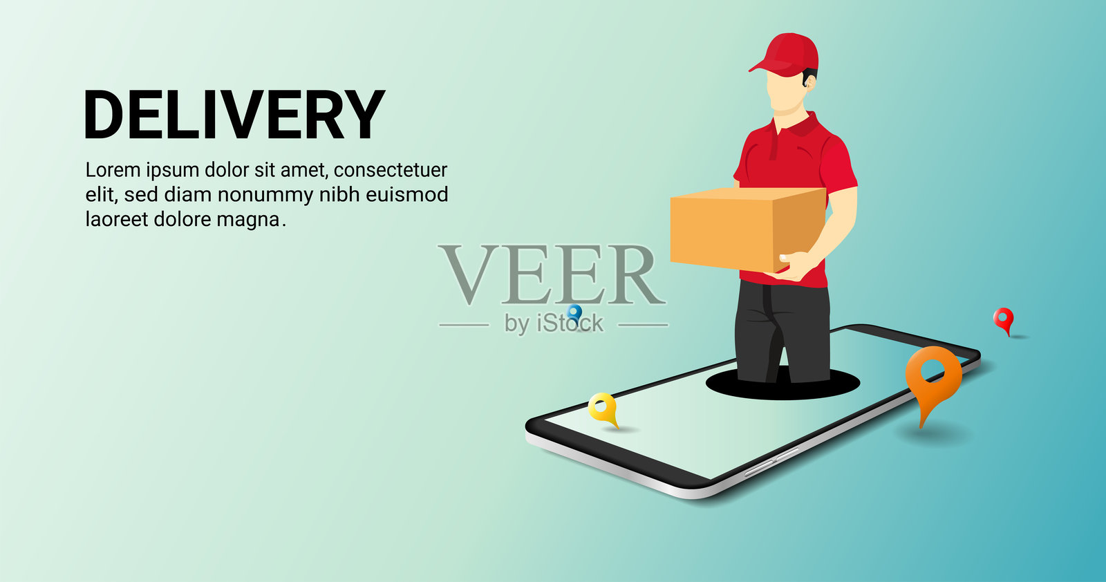 3D矢量插图。快递员手持包裹从手机屏幕中走出。快速配送，在线订购，纸箱包裹，网上购物，在线运输，快递服务插画图片素材