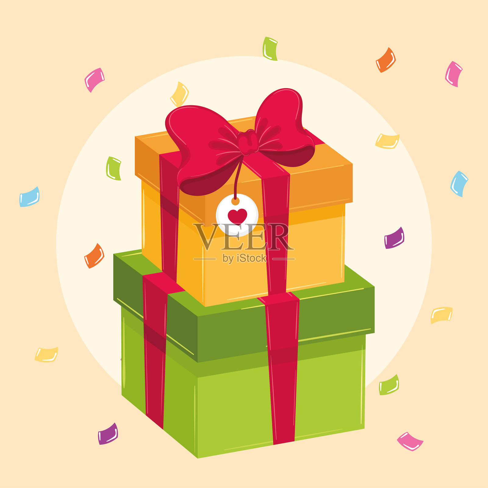 叠放的绿色和黄色礼品盒，配有红色丝带 矢量图插画图片素材