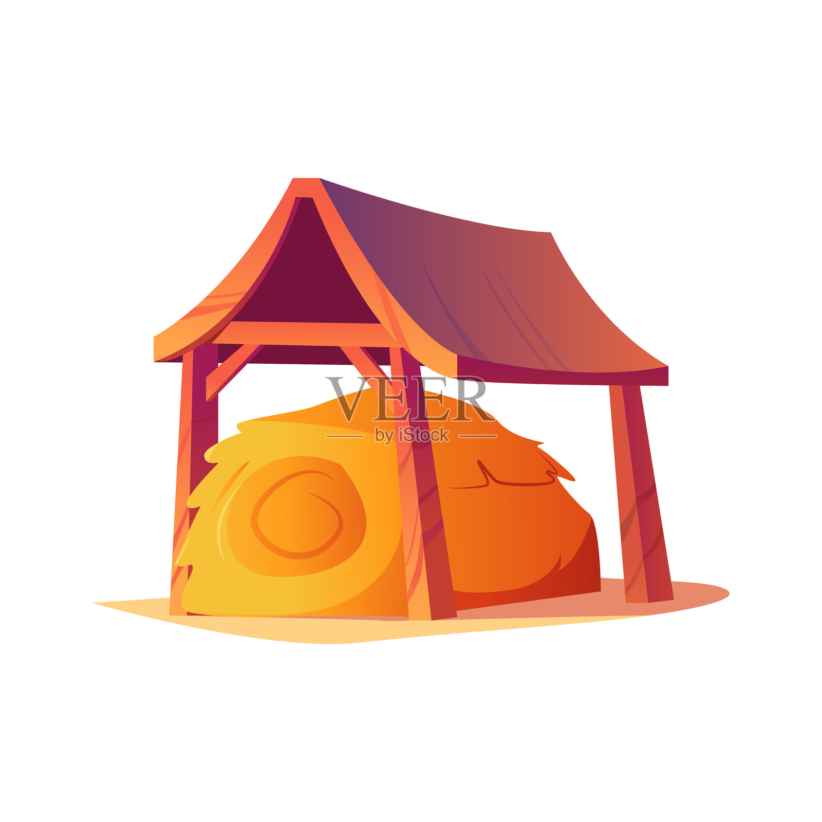 带有一堆干草的谷仓。卡通风格的干草堆，背景为白色。农业，乡村绘画。矢量插图。插画图片素材