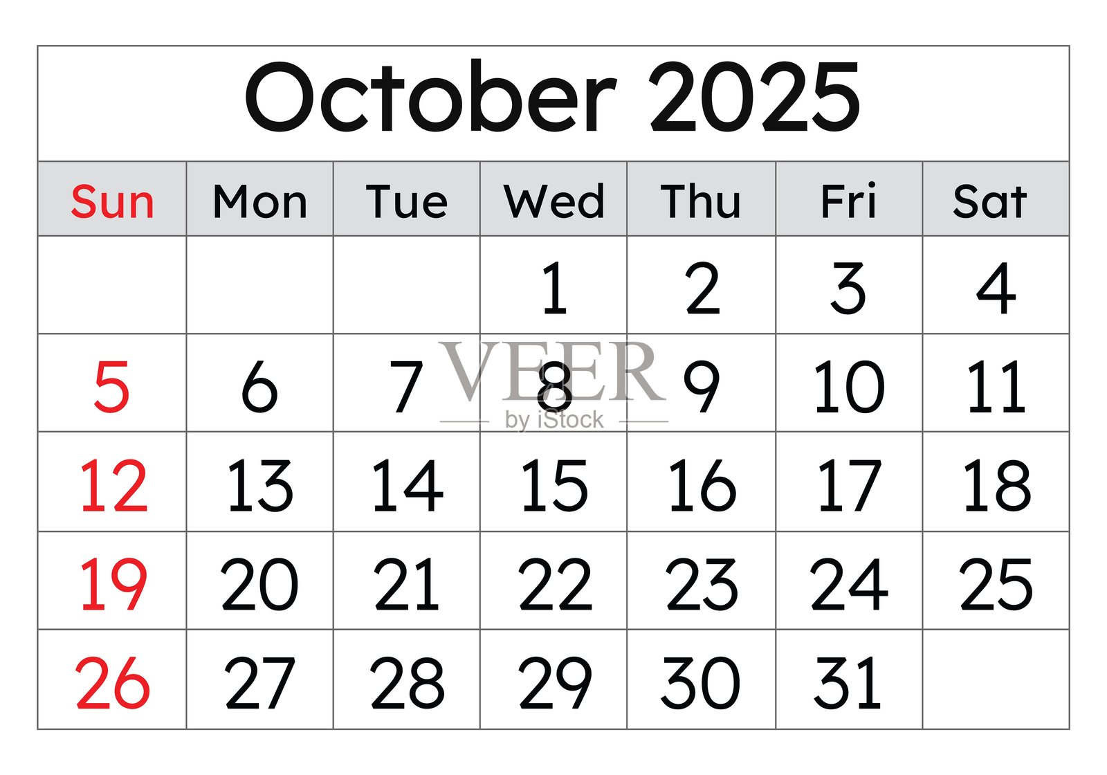 2025年10月的日历。简单的矢量插图。秋季月份的英文页面插画图片素材