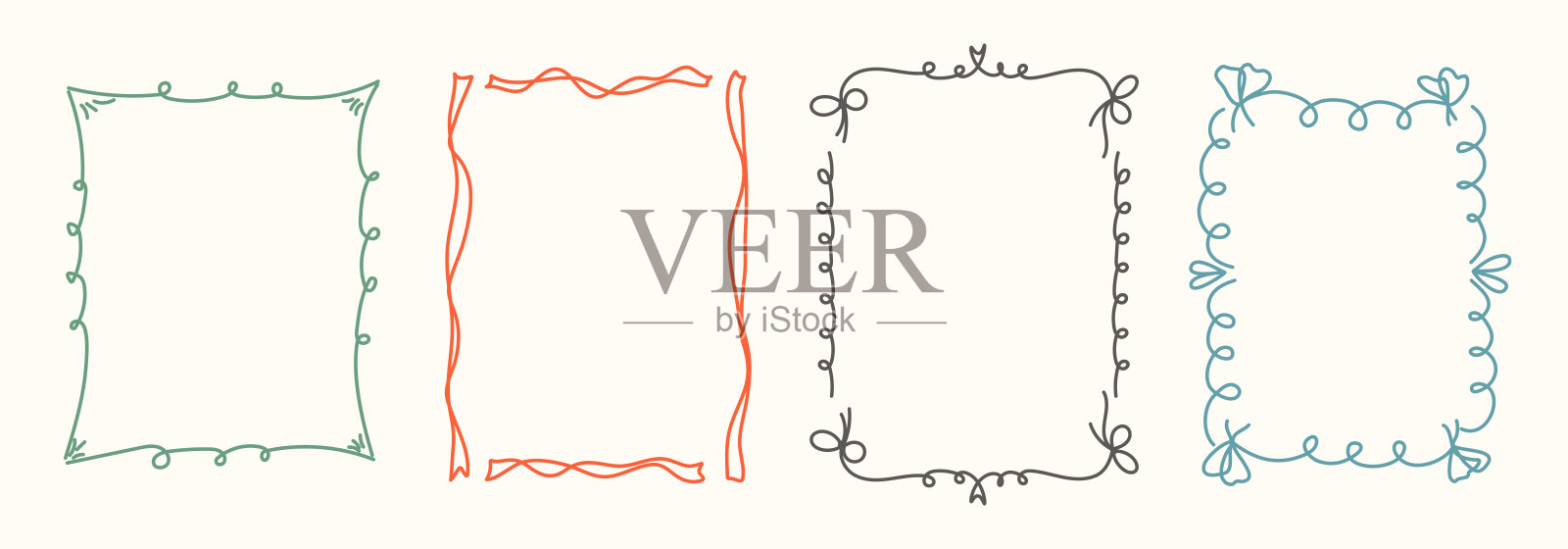 手绘框架套装，包含时尚线条艺术风格的涂鸦蝴蝶结和丝带插画图片素材