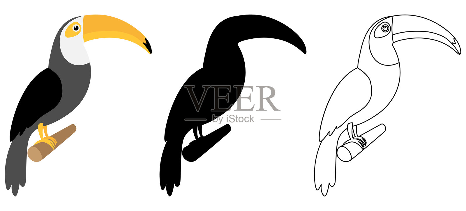 三种不同风格的巨嘴鸟套装。插画图片素材