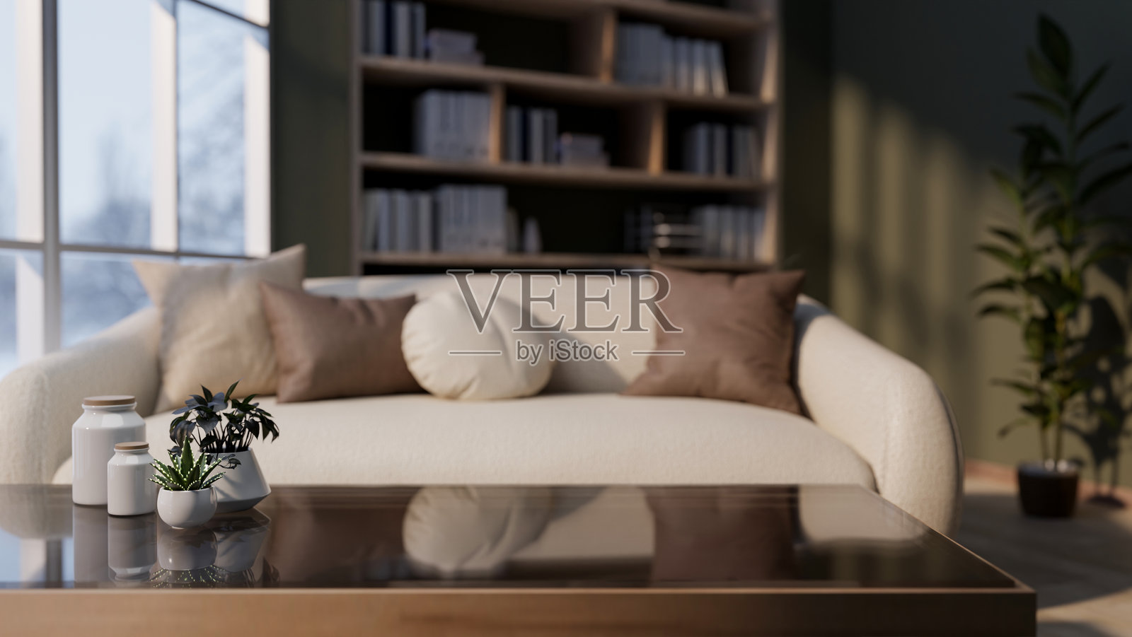 现代客厅咖啡桌上的产品展示空白特写。照片摄影图片