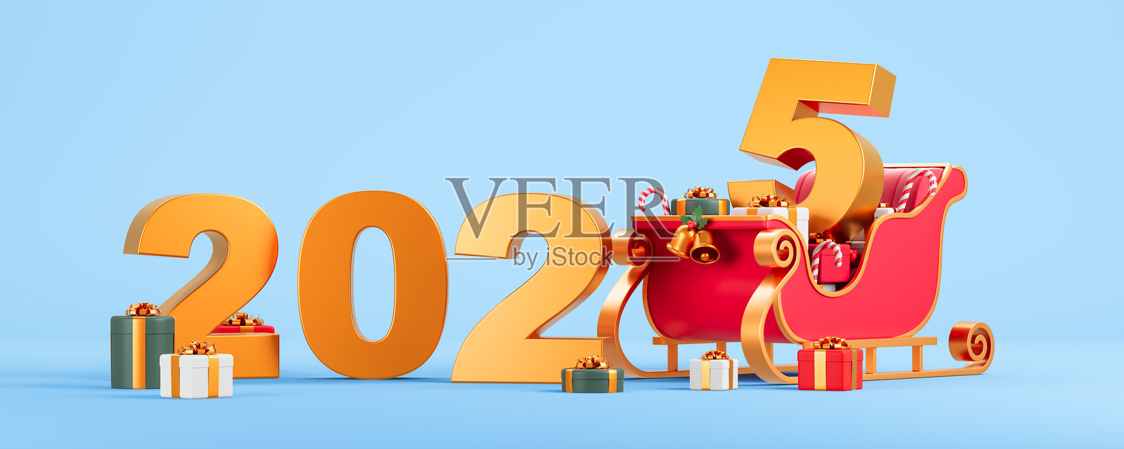 2025年，蓝色背景上的圣诞老人雪橇与礼品盒照片摄影图片