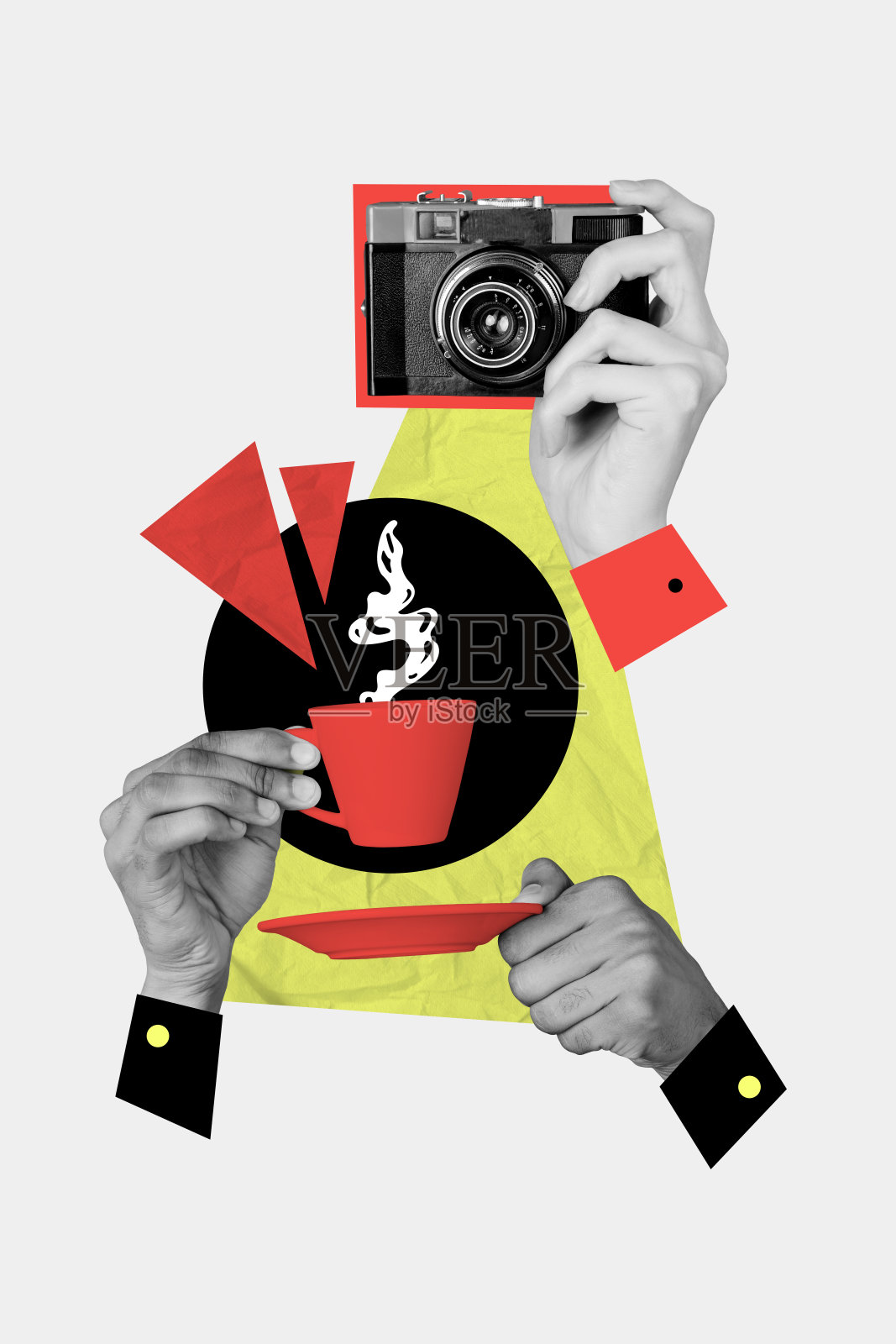 复合拼贴图，手握咖啡杯，复古相机，放松美学，怀旧超现实主义隐喻，迷幻风格照片摄影图片