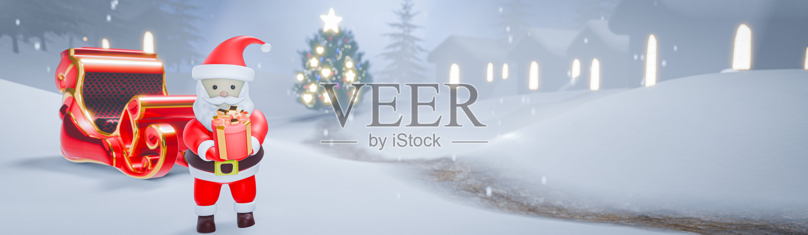 圣诞老人圣诞夜或假期，雪夜中的礼品盒和雪橇。位于松树林中的村庄庆祝节日，点亮的圣诞树和礼品盒。3D渲染。照片摄影图片