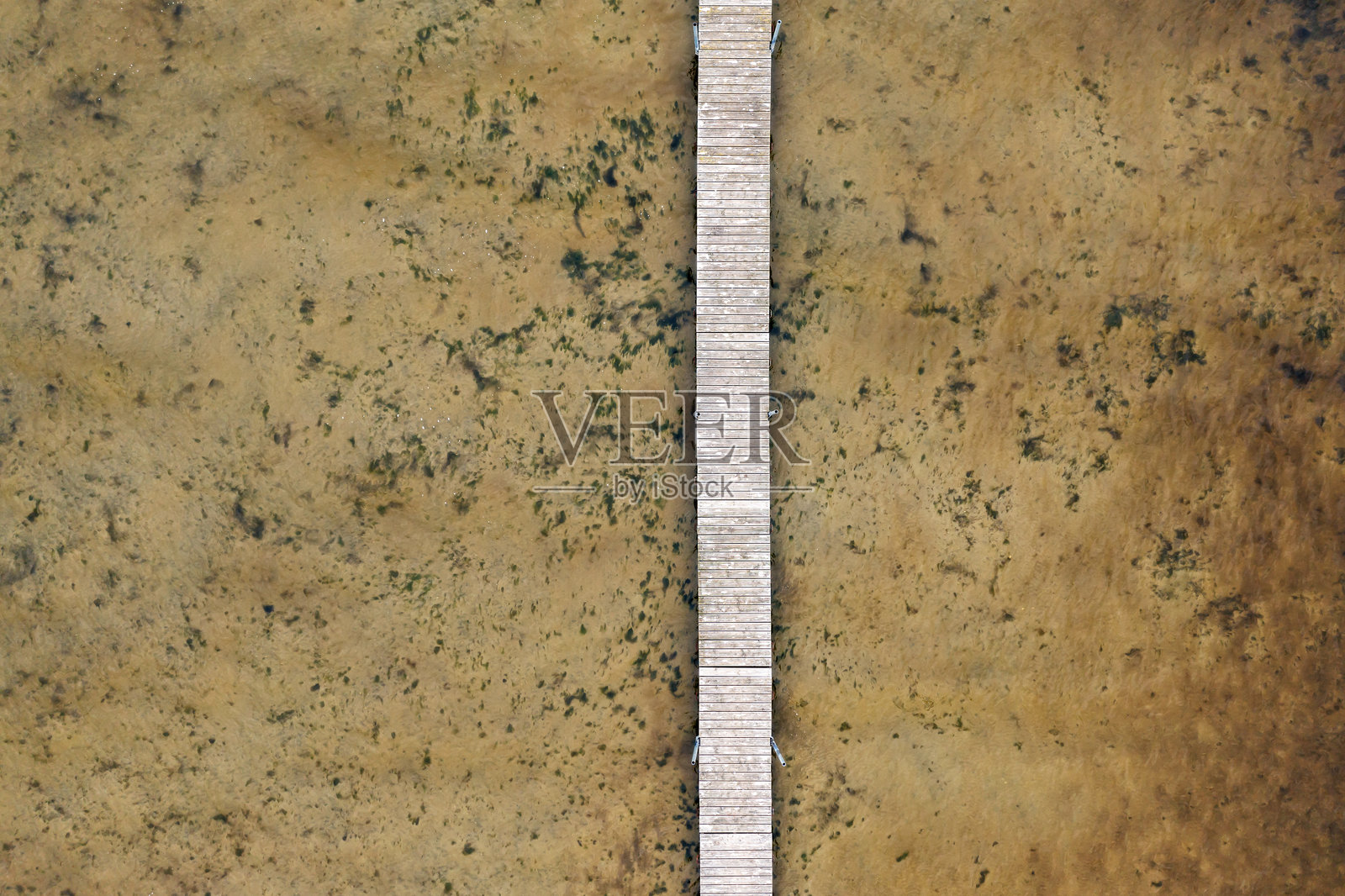 一座木栈道延伸至一片浅浅的棕色水域。照片摄影图片