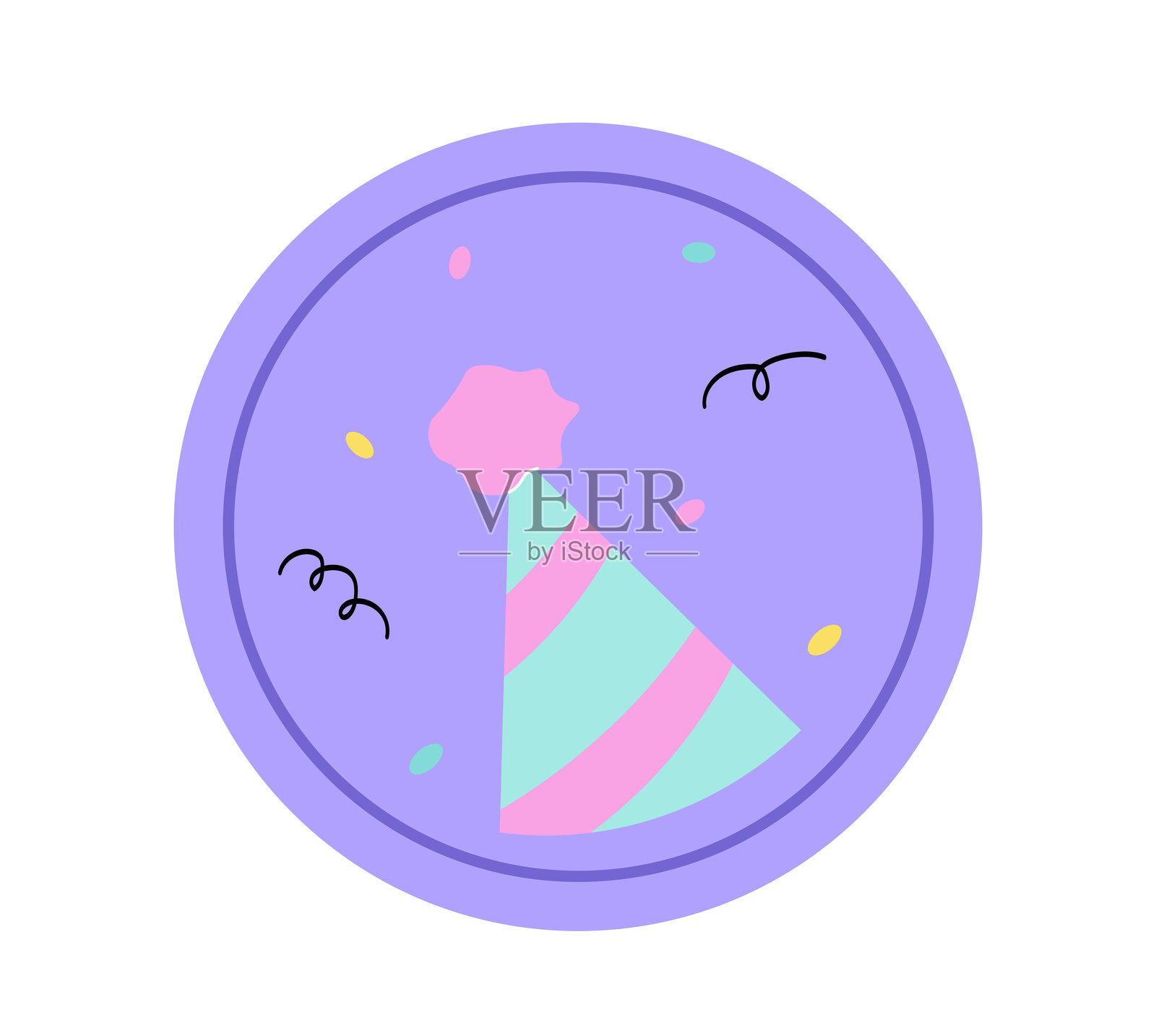 生日快乐贴纸。尖顶帽和彩色纸屑。年度节日庆典，庆祝活动。问候明信片。海报或横幅。平面矢量插图。插画图片素材