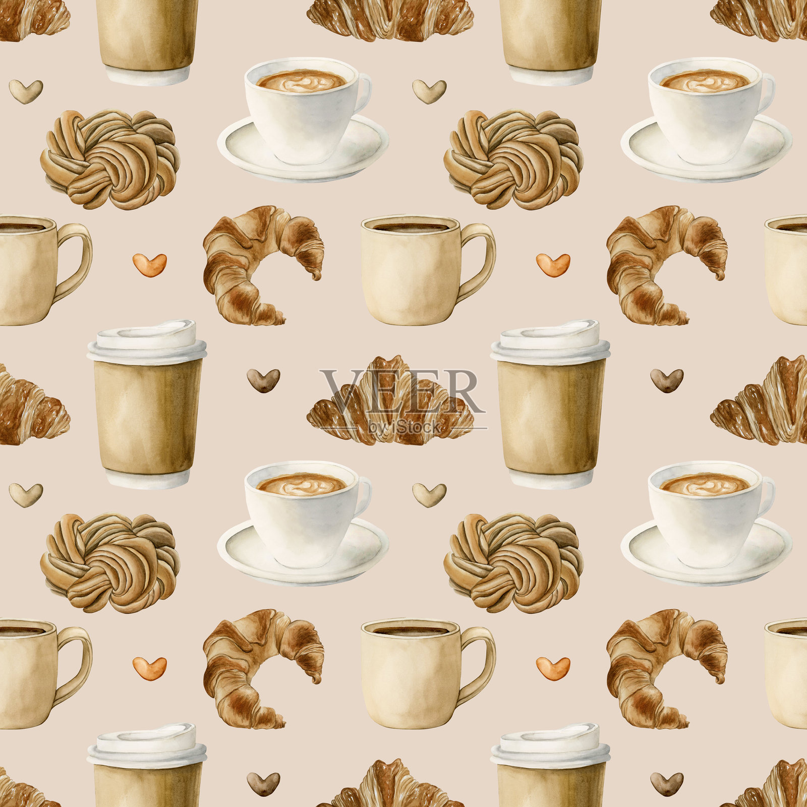 咖啡茶杯和新鲜烘焙的甜点。热饮和糕点。米色背景上的无缝水彩图案。插画图片素材