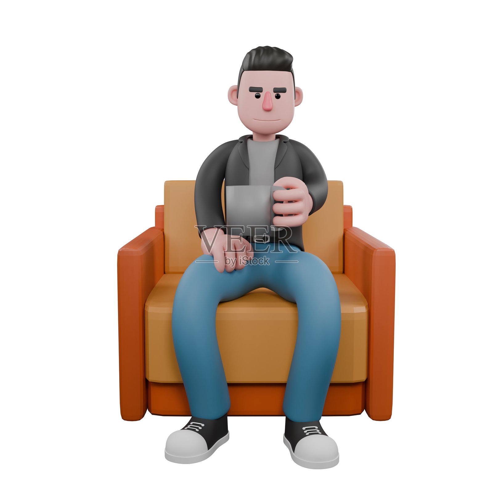 卡通3D艺术模型。一位男性编剧坐着，一只手拿着咖啡杯，面无表情。编剧模型照片摄影图片