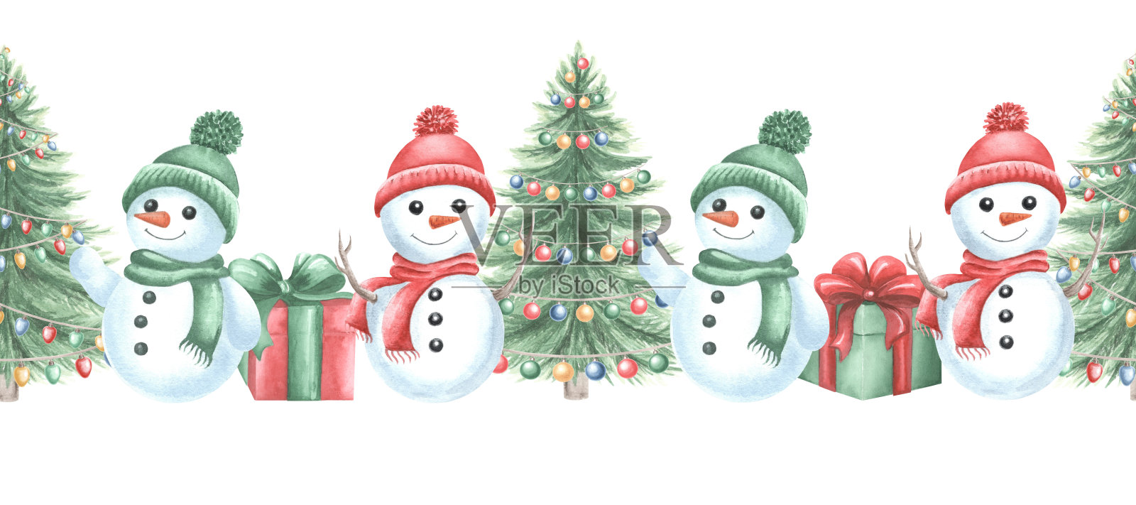 雪人、礼品盒和圣诞树。无缝边框。手绘水彩插图，独立设计。冬季假日主题。可爱的儿童角色。用于包装、明信片、壁纸和纺织品的剪贴画。插画图片素材