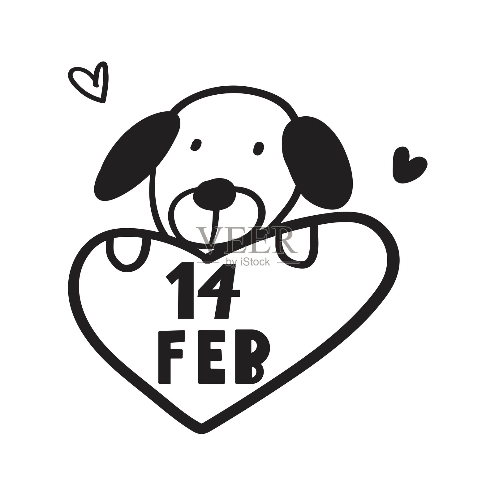 一只可爱的狗狗抱着一个写有“2月14日”的心形图案。黑色。情人节设计。插画图片素材