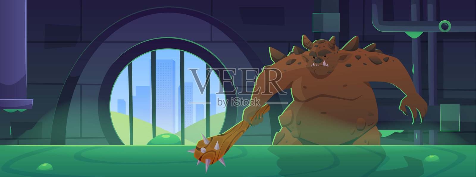 污水、下水道排水管道系统，带有木棒的怪物，矢量卡通城市排水管道，含有有毒液体插画图片素材